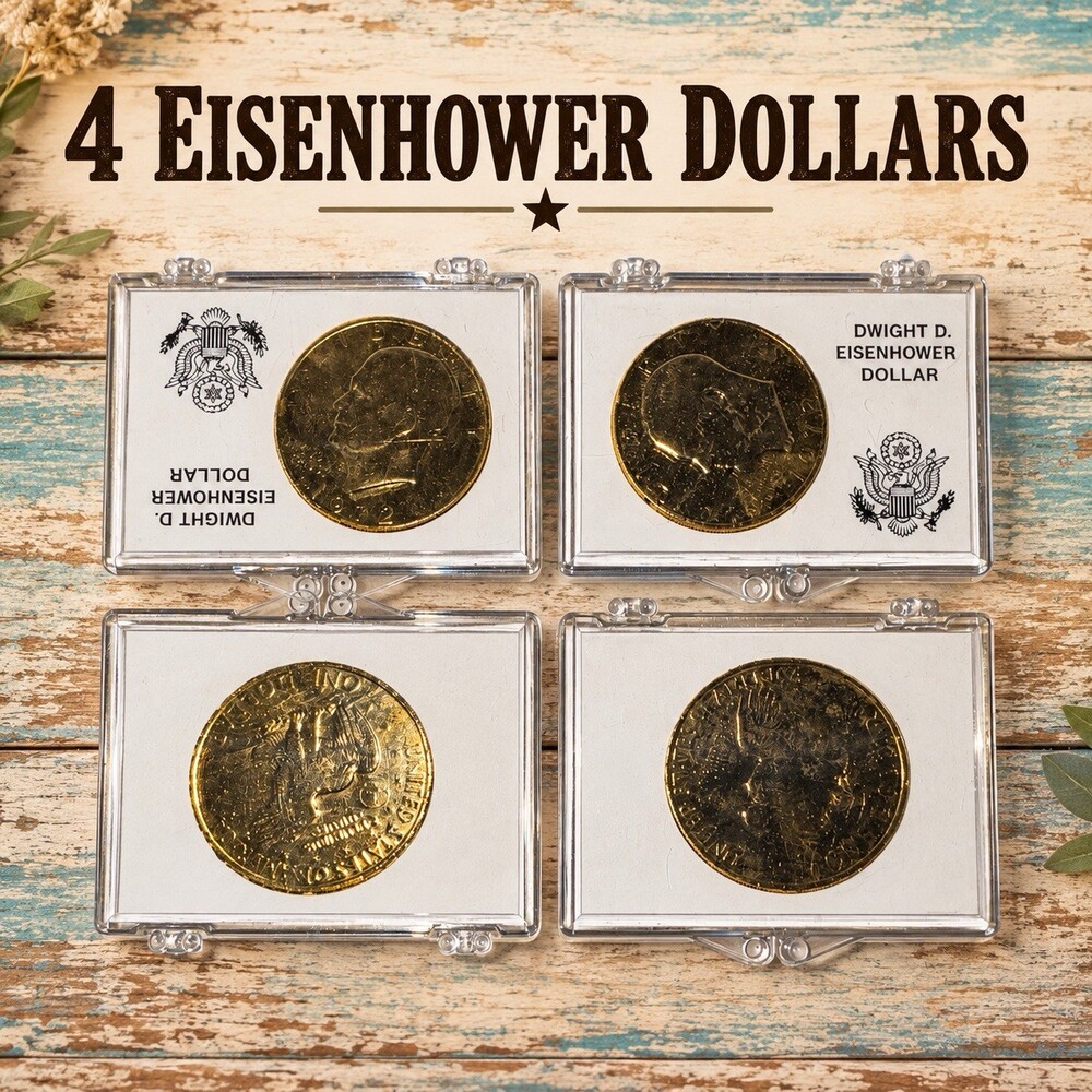 Lot of 4 Gold Plated Eisenhower Dollar Coins Ike $1 in Display Holders 1972